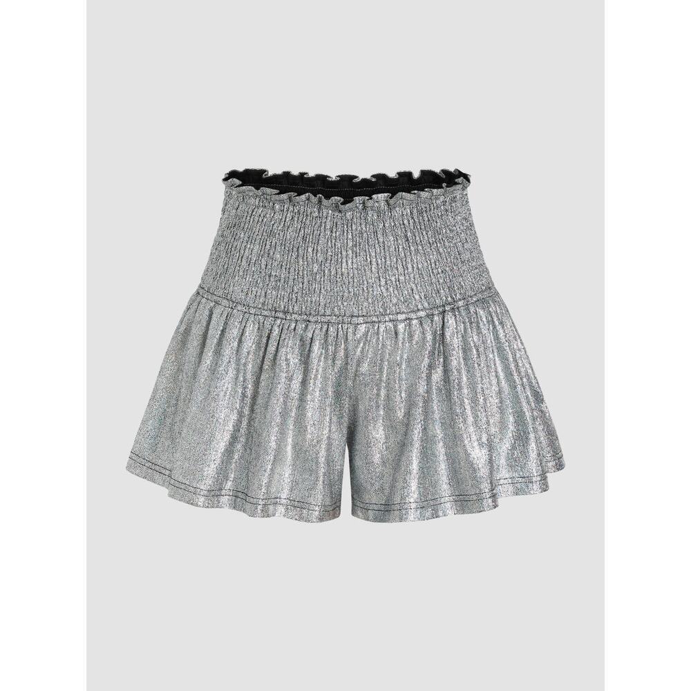 Queen of Sparkles Metallic Shirred Sequin High Rise Swing Short Silver Women's S - Picture 2 of 5